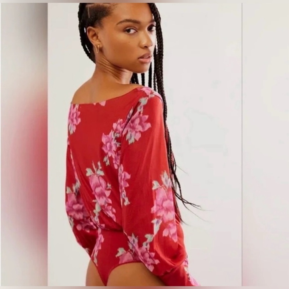 Free People Womens Size Small Bodysuit Cherry Red Printed Floral lace lined NWT - Picture 3 of 15